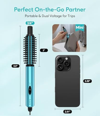 Farery Mini Thermal Brush - 3/4 Inch Curling Iron for Volumizing & Small Curls, Travel Size Hot Brush for Short & Thin Hair, Dual Voltage, 392°F, Blue Avelisse