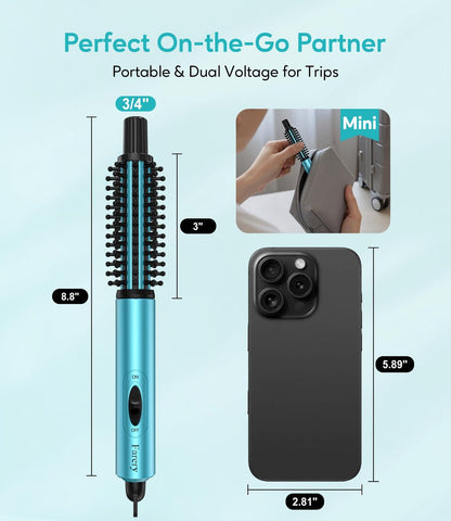 Farery Mini Thermal Brush - 3/4 Inch Curling Iron for Volumizing & Small Curls, Travel Size Hot Brush for Short & Thin Hair, Dual Voltage, 392°F, Blue Avelisse