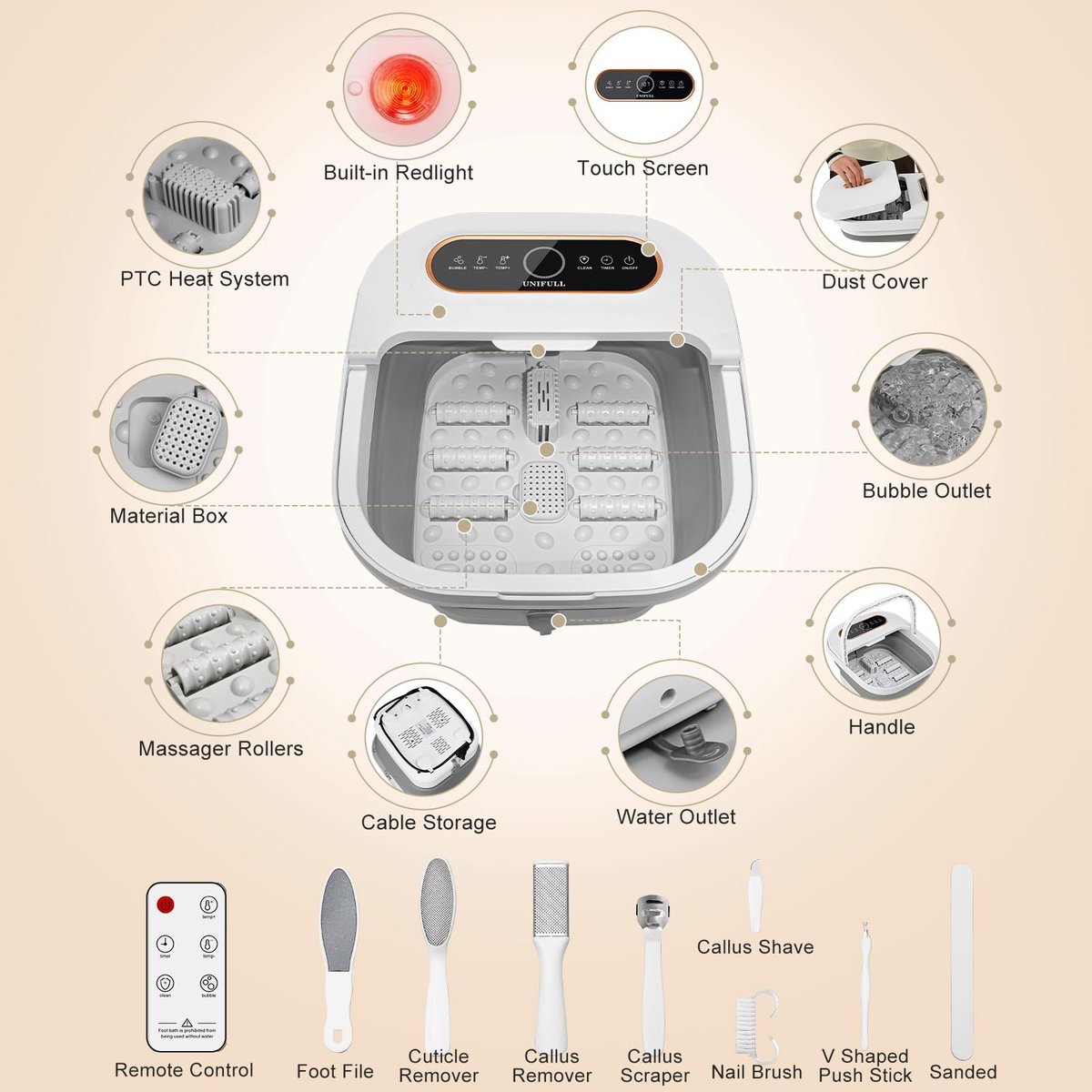 UNIFULL Collapsible Foot Spa Bath with Heat, Touch Screen, Remote Control, Massage Rollers, Timer, Bubble, Foot Pedicure Kit, Temperature Control Avelisse