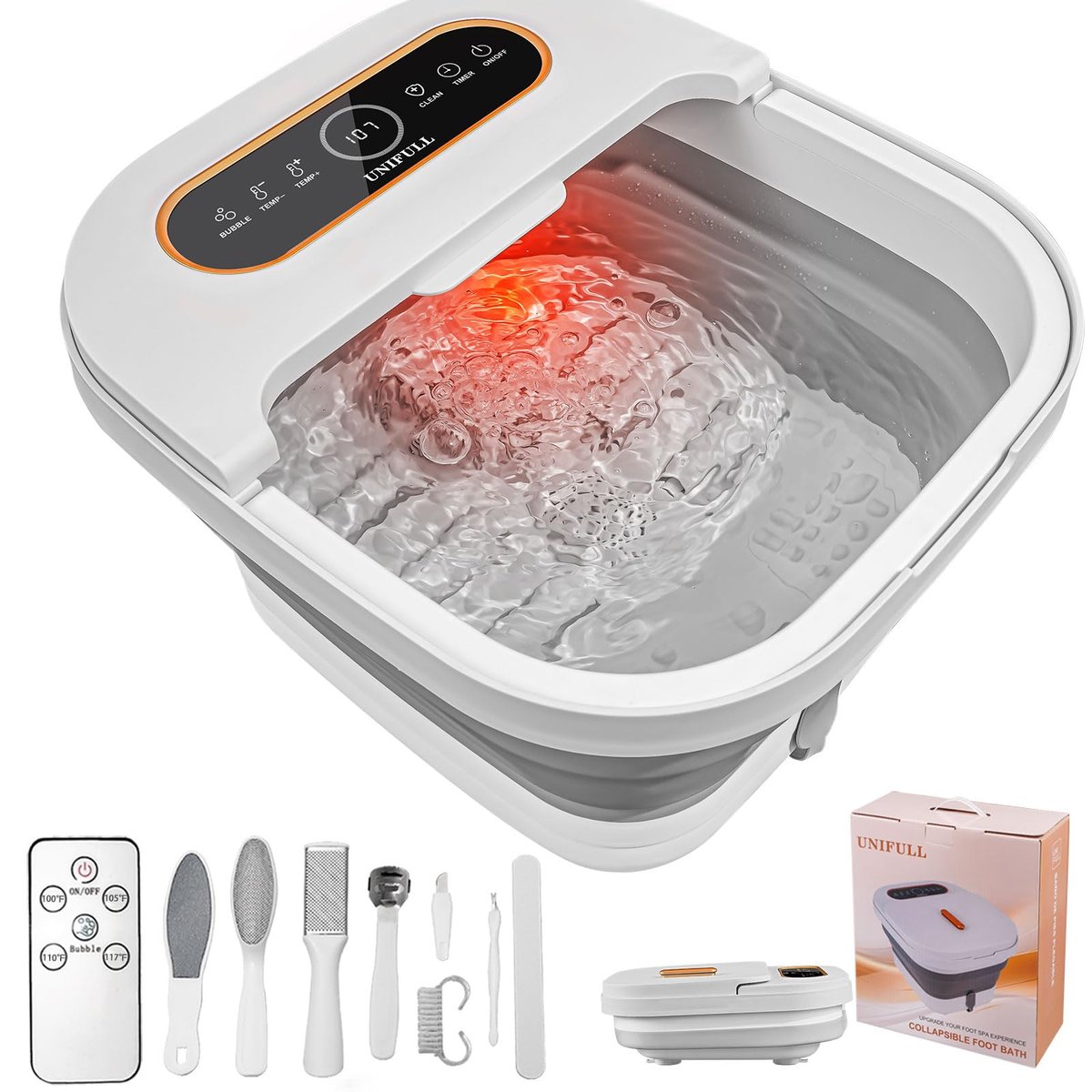 UNIFULL Collapsible Foot Spa Bath with Heat, Touch Screen, Remote Control, Massage Rollers, Timer, Bubble, Foot Pedicure Kit, Temperature Control Avelisse