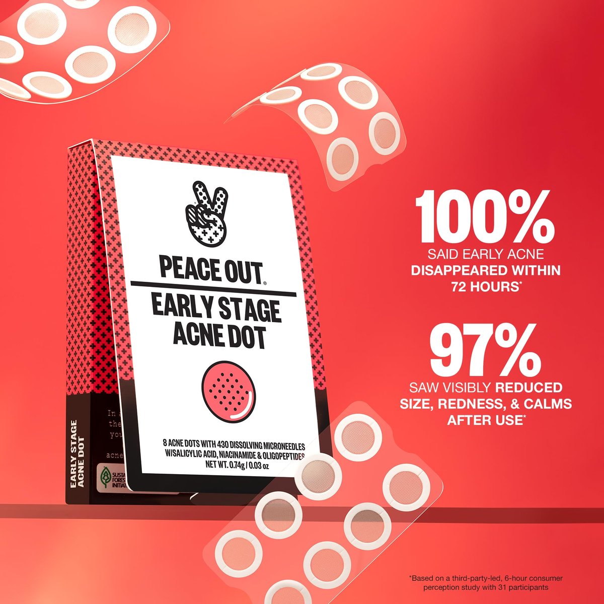 PEACE OUT Early Stage Acne Dots – Microneedling Pimple Patches with 2% Salicylic Acid for Blemishes Below Surface (8 Count) Avelisse