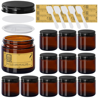 TENLIG 4 oz Amber Glass Jars with Black Metal Lids – 12 Pack Airtight Cosmetic Containers for Lotions, Powders, Candle Making Avelisse