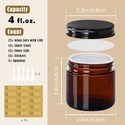 TENLIG 4 oz Amber Glass Jars with Black Metal Lids – 12 Pack Airtight Cosmetic Containers for Lotions, Powders, Candle Making Avelisse