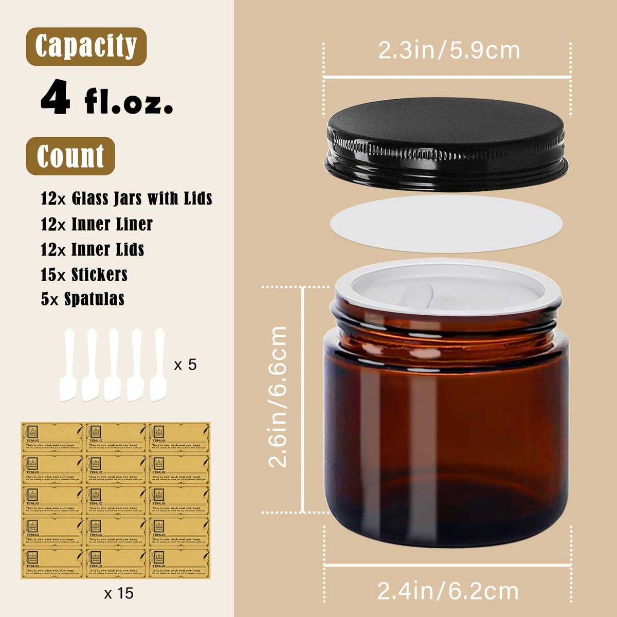 TENLIG 4 oz Amber Glass Jars with Black Metal Lids – 12 Pack Airtight Cosmetic Containers for Lotions, Powders, Candle Making Avelisse