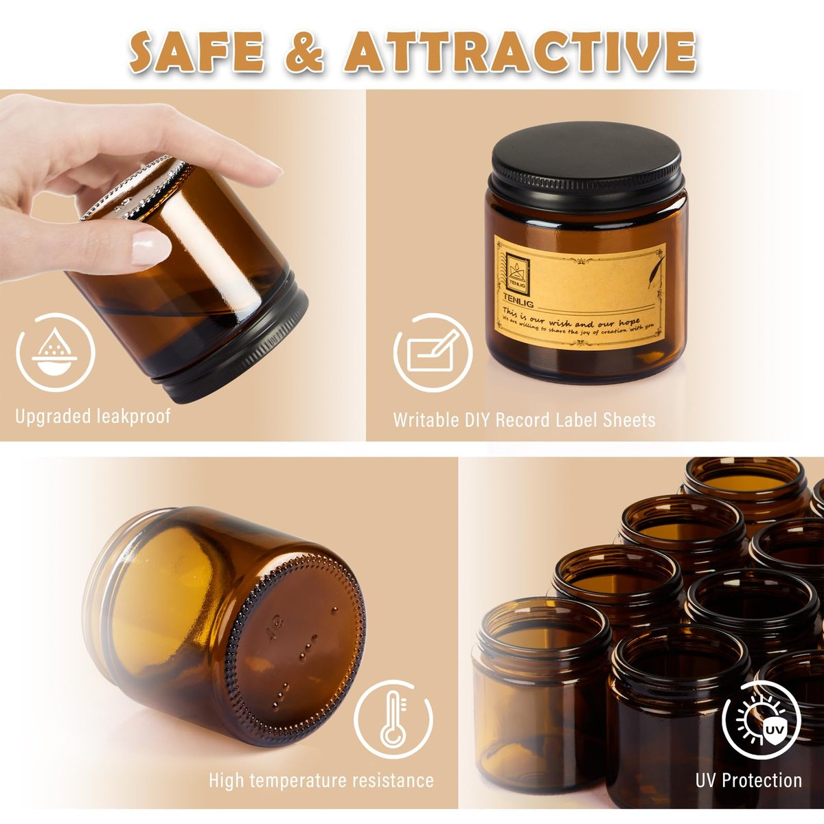 TENLIG 4 oz Amber Glass Jars with Black Metal Lids – 12 Pack Airtight Cosmetic Containers for Lotions, Powders, Candle Making Avelisse