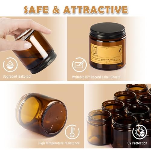 TENLIG 4 oz Amber Glass Jars with Black Metal Lids – 12 Pack Airtight Cosmetic Containers for Lotions, Powders, Candle Making Avelisse
