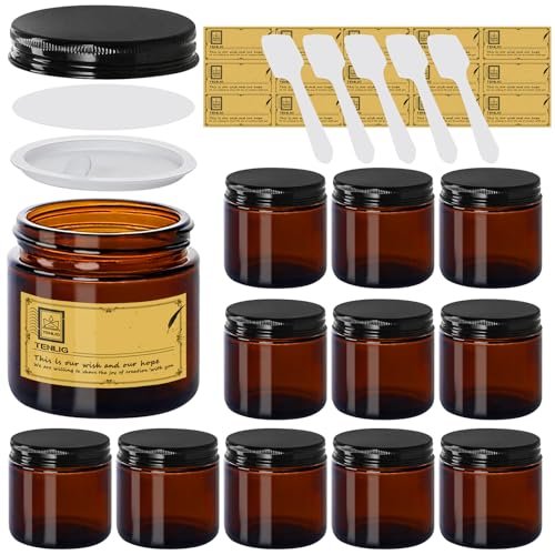 TENLIG 4 oz Amber Glass Jars with Black Metal Lids – 12 Pack Airtight Cosmetic Containers for Lotions, Powders, Candle Making Avelisse