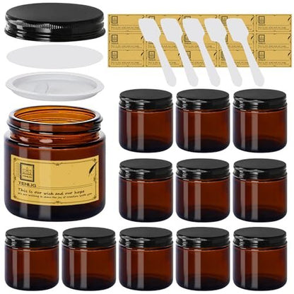 TENLIG 4 oz Amber Glass Jars with Black Metal Lids – 12 Pack Airtight Cosmetic Containers for Lotions, Powders, Candle Making Avelisse
