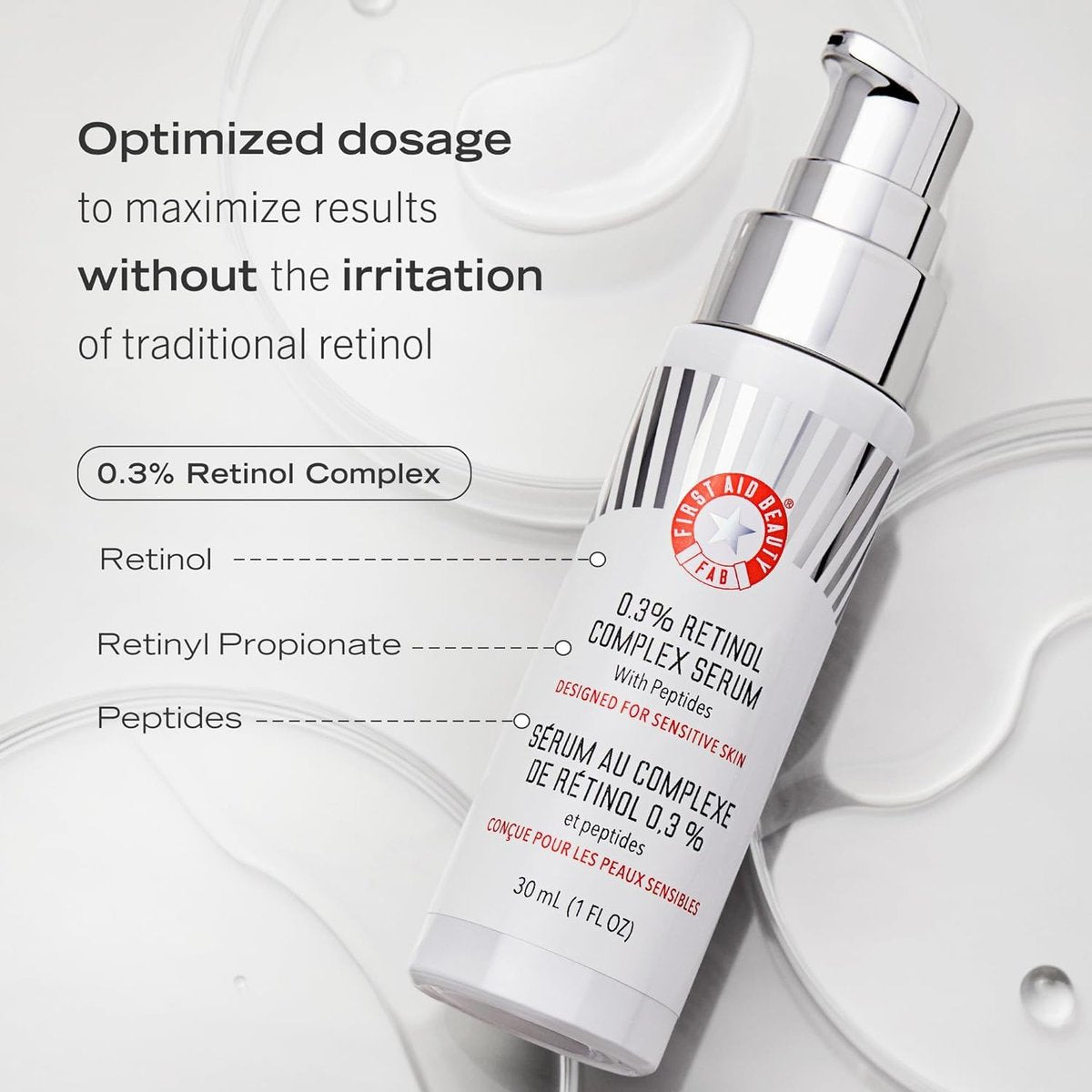 First Aid Beauty 0.3% Retinol Complex Serum with Peptides - Sensitive Skin Retinol for Lines & Wrinkles, Non-Comedogenic, 1 oz Avelisse