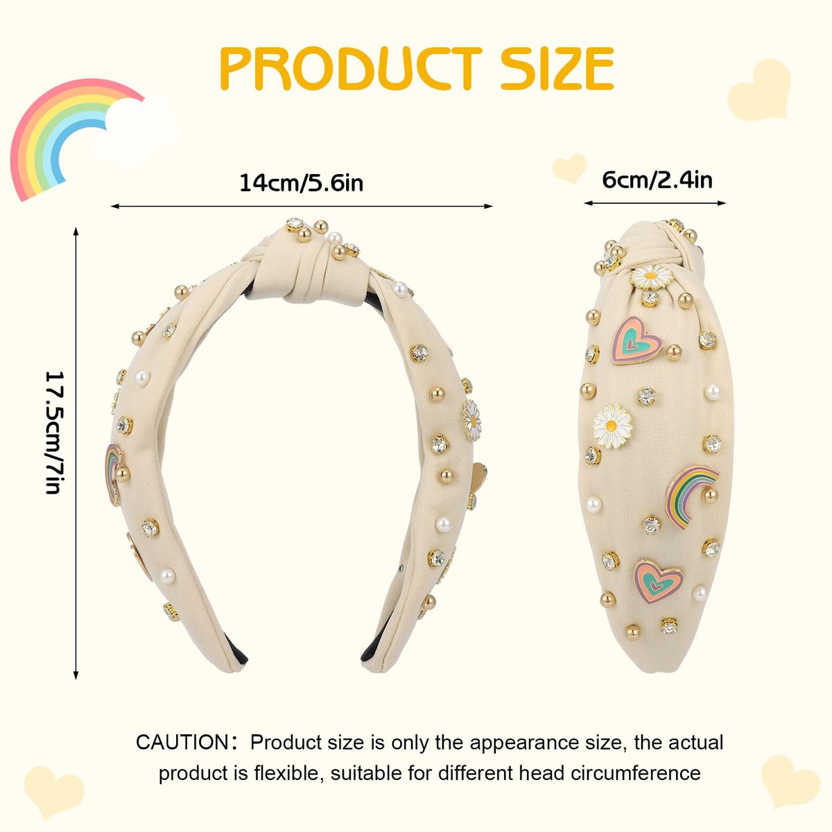 Boho Rainbow Daisy Headband - Pearl Knotted Twist Headpiece for Women & Girls, Beige, Sparkly Crystal Rhinestone Avelisse