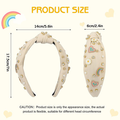 Boho Rainbow Daisy Headband - Pearl Knotted Twist Headpiece for Women & Girls, Beige, Sparkly Crystal Rhinestone Avelisse