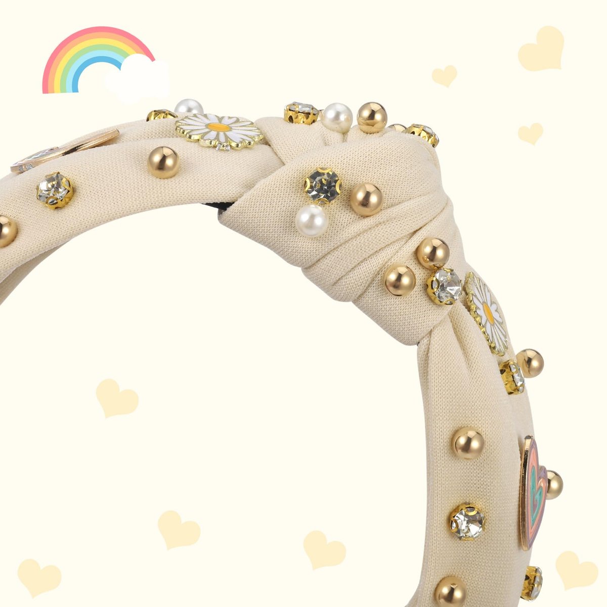 Boho Rainbow Daisy Headband - Pearl Knotted Twist Headpiece for Women & Girls, Beige, Sparkly Crystal Rhinestone Avelisse