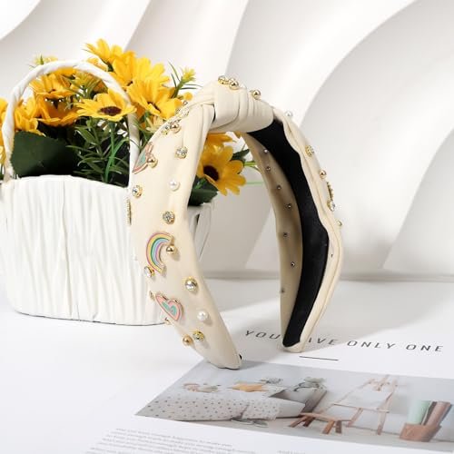 Boho Rainbow Daisy Headband - Pearl Knotted Twist Headpiece for Women & Girls, Beige, Sparkly Crystal Rhinestone Avelisse