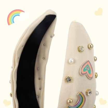 Boho Rainbow Daisy Headband - Pearl Knotted Twist Headpiece for Women & Girls, Beige, Sparkly Crystal Rhinestone Avelisse