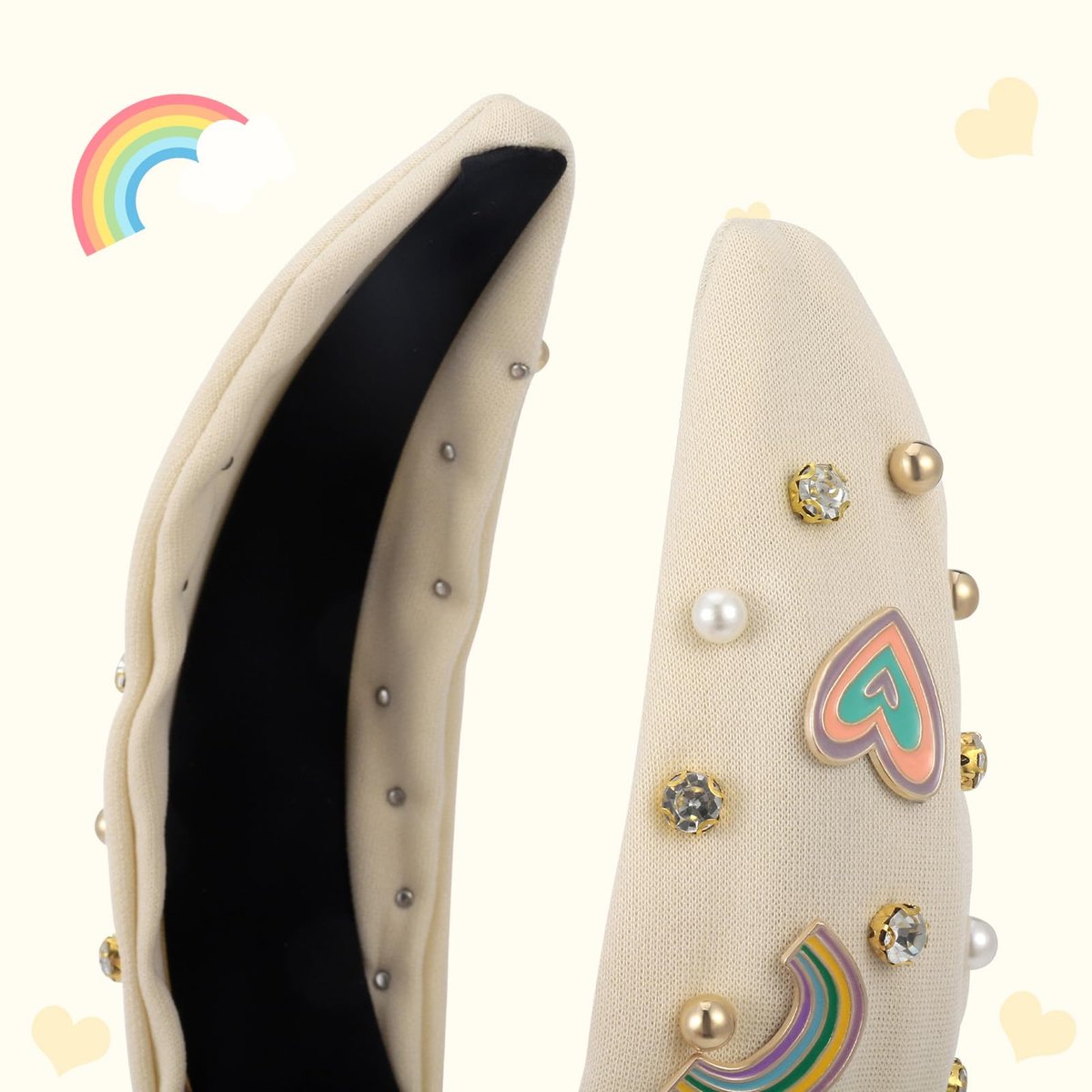 Boho Rainbow Daisy Headband - Pearl Knotted Twist Headpiece for Women & Girls, Beige, Sparkly Crystal Rhinestone Avelisse