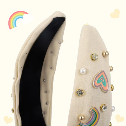 Boho Rainbow Daisy Headband - Pearl Knotted Twist Headpiece for Women & Girls, Beige, Sparkly Crystal Rhinestone Avelisse
