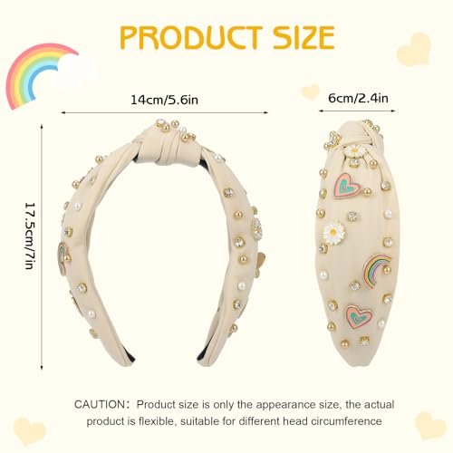 Boho Rainbow Daisy Headband - Pearl Knotted Twist Headpiece for Women & Girls, Beige, Sparkly Crystal Rhinestone Avelisse