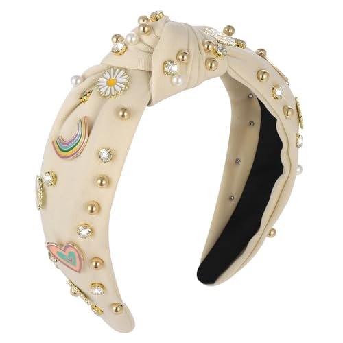 Boho Rainbow Daisy Headband - Pearl Knotted Twist Headpiece for Women & Girls, Beige, Sparkly Crystal Rhinestone Avelisse