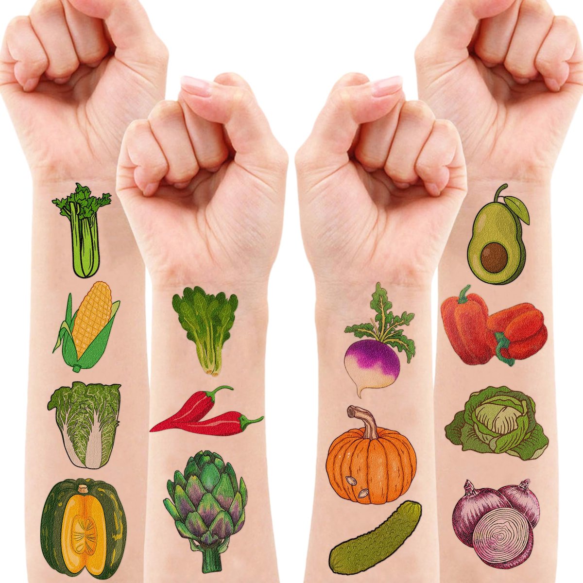 96 Pcs Funny Vegetable Pre-cut Temporary Tattoos Sticker Set - Avocado, Corn, Pumpkin - Birthday Party Decorations, Supplies, Favors, Celebration Gifts for Boys, Girls, Baby Shower, School Reward - Cute Themed Tattoos - görsel 17