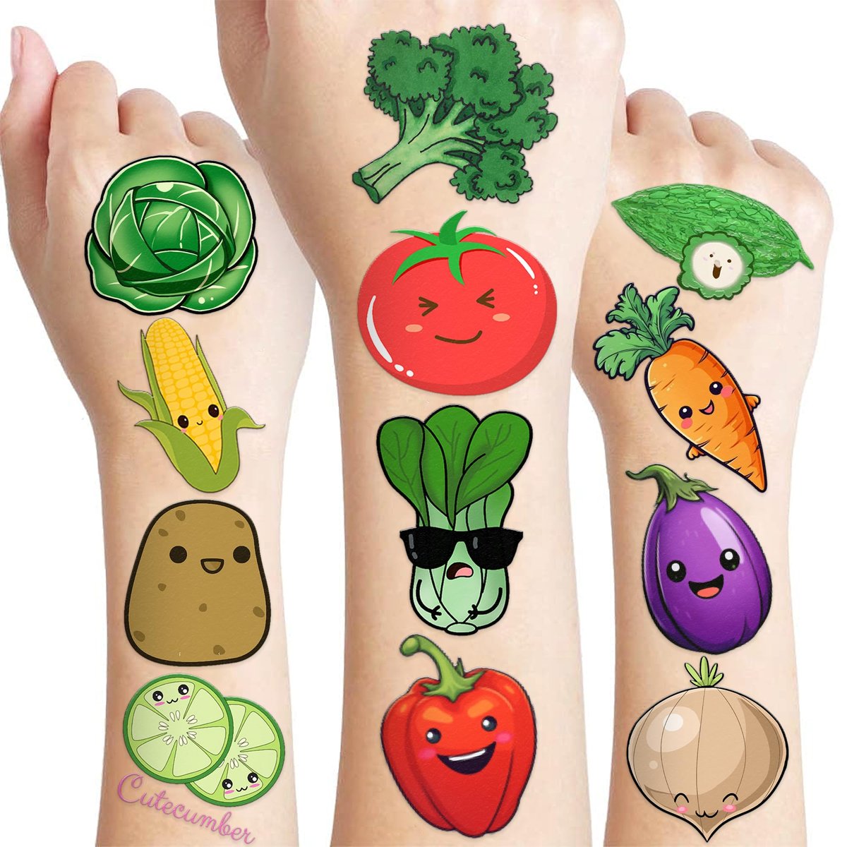 96 Pcs Funny Vegetable Pre-cut Temporary Tattoos Sticker Set - Avocado, Corn, Pumpkin - Birthday Party Decorations, Supplies, Favors, Celebration Gifts for Boys, Girls, Baby Shower, School Reward - Cute Themed Tattoos - görsel 1