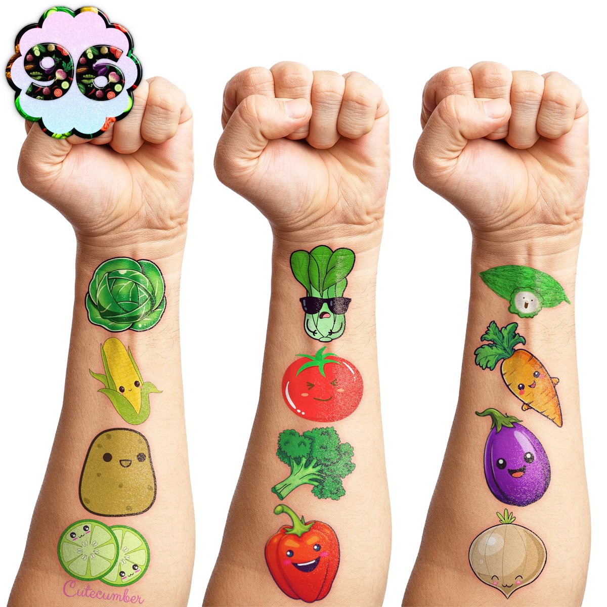 96 Pcs Funny Vegetable Pre-cut Temporary Tattoos Sticker Set - Avocado, Corn, Pumpkin - Birthday Party Decorations, Supplies, Favors, Celebration Gifts for Boys, Girls, Baby Shower, School Reward - Cute Themed Tattoos - görsel 15