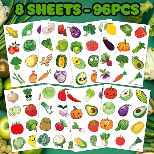 96 Pcs Funny Vegetable Pre-cut Temporary Tattoos Sticker Set - Avocado, Corn, Pumpkin - Birthday Party Decorations, Supplies, Favors, Celebration Gifts for Boys, Girls, Baby Shower, School Reward - Cute Themed Tattoos - görsel 6