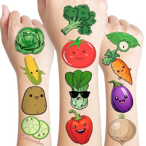 96 Pcs Funny Vegetable Pre-cut Temporary Tattoos Sticker Set - Avocado, Corn, Pumpkin - Birthday Party Decorations, Supplies, Favors, Celebration Gifts for Boys, Girls, Baby Shower, School Reward - Cute Themed Tattoos - görsel 2