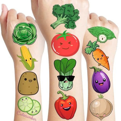 96 Pcs Funny Vegetable Pre-cut Temporary Tattoos Sticker Set - Avocado, Corn, Pumpkin - Birthday Party Decorations, Supplies, Favors, Celebration Gifts for Boys, Girls, Baby Shower, School Reward - Cute Themed Tattoos