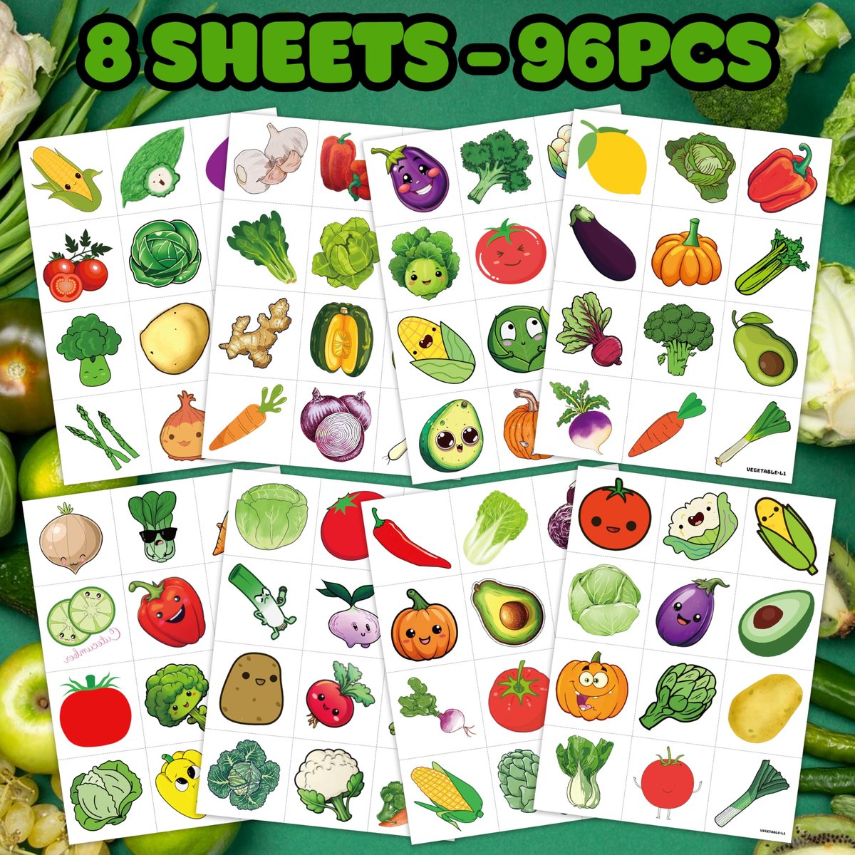 96 Pcs Funny Vegetable Pre-cut Temporary Tattoos Sticker Set - Avocado, Corn, Pumpkin - Birthday Party Decorations, Supplies, Favors, Celebration Gifts for Boys, Girls, Baby Shower, School Reward - Cute Themed Tattoos - görsel 5