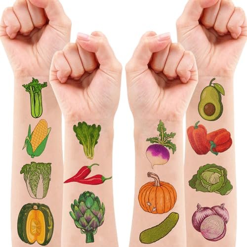 96 Pcs Funny Vegetable Pre-cut Temporary Tattoos Sticker Set - Avocado, Corn, Pumpkin - Birthday Party Decorations, Supplies, Favors, Celebration Gifts for Boys, Girls, Baby Shower, School Reward - Cute Themed Tattoos - görsel 18