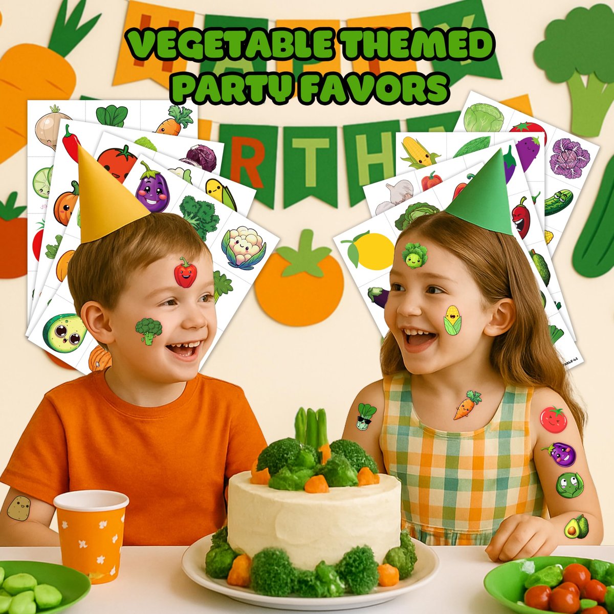 96 Pcs Funny Vegetable Pre-cut Temporary Tattoos Sticker Set - Avocado, Corn, Pumpkin - Birthday Party Decorations, Supplies, Favors, Celebration Gifts for Boys, Girls, Baby Shower, School Reward - Cute Themed Tattoos - görsel 3