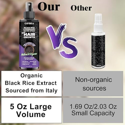 GIFBEA Organic Black Rice Water Hair Growth Serum Spray, 5 Fl Oz, Rosemary Scent, For All Hair Types, With Biotin, Castor Oil, Caffeine, Hair Loss Treatment
