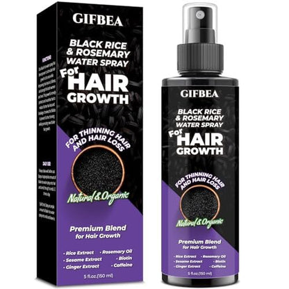 GIFBEA Organic Black Rice Water Hair Growth Serum Spray, 5 Fl Oz, Rosemary Scent, For All Hair Types, With Biotin, Castor Oil, Caffeine, Hair Loss Treatment