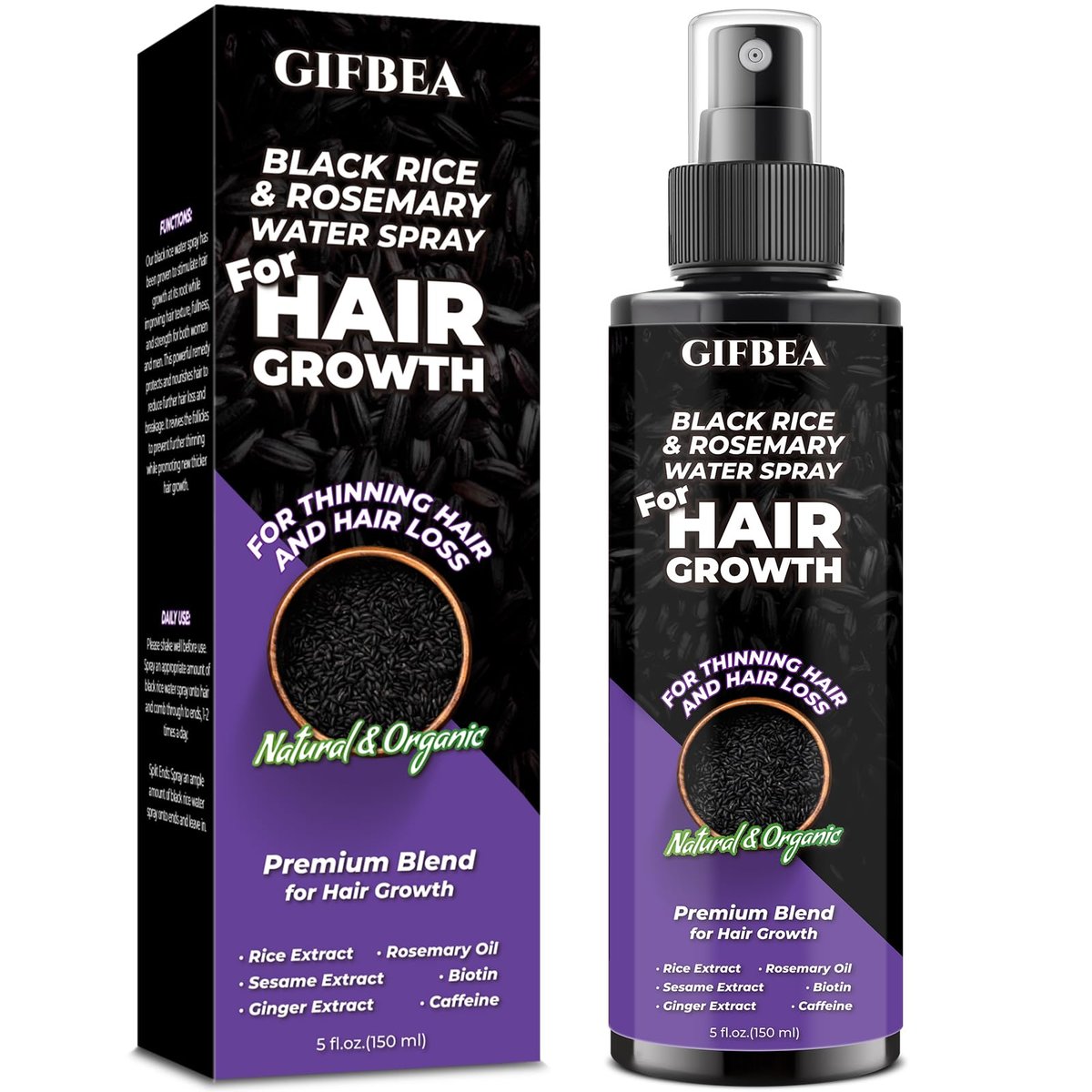 GIFBEA Organic Black Rice Water Hair Growth Serum Spray, 5 Fl Oz, Rosemary Scent, For All Hair Types, With Biotin, Castor Oil, Caffeine, Hair Loss Treatment - görsel 1
