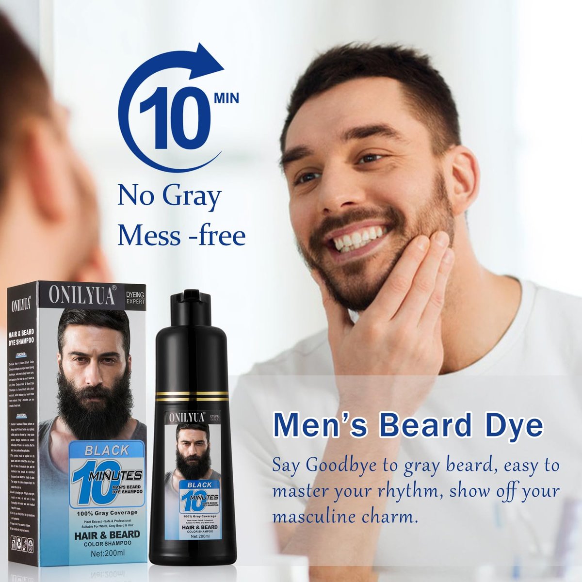Onilyua Men's 3-in-1 Black Beard Dye Shampoo - Long Lasting Gray Reducing Formula for Beard & Mustache, 200 ml (6.76 oz) Avelisse