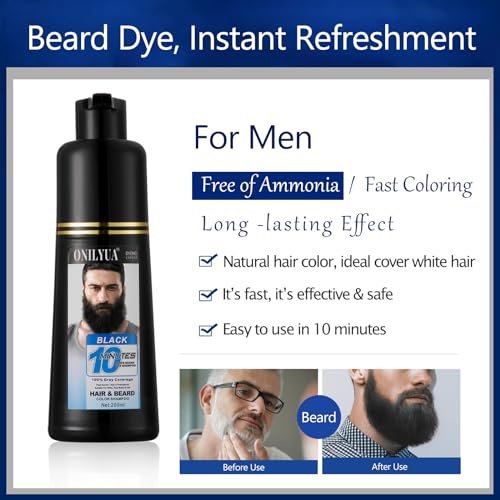Onilyua Men's 3-in-1 Black Beard Dye Shampoo - Long Lasting Gray Reducing Formula for Beard & Mustache, 200 ml (6.76 oz) Avelisse