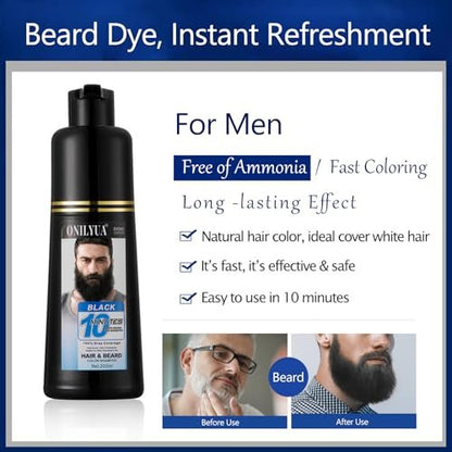 Onilyua Men's 3-in-1 Black Beard Dye Shampoo - Long Lasting Gray Reducing Formula for Beard & Mustache, 200 ml (6.76 oz) Avelisse