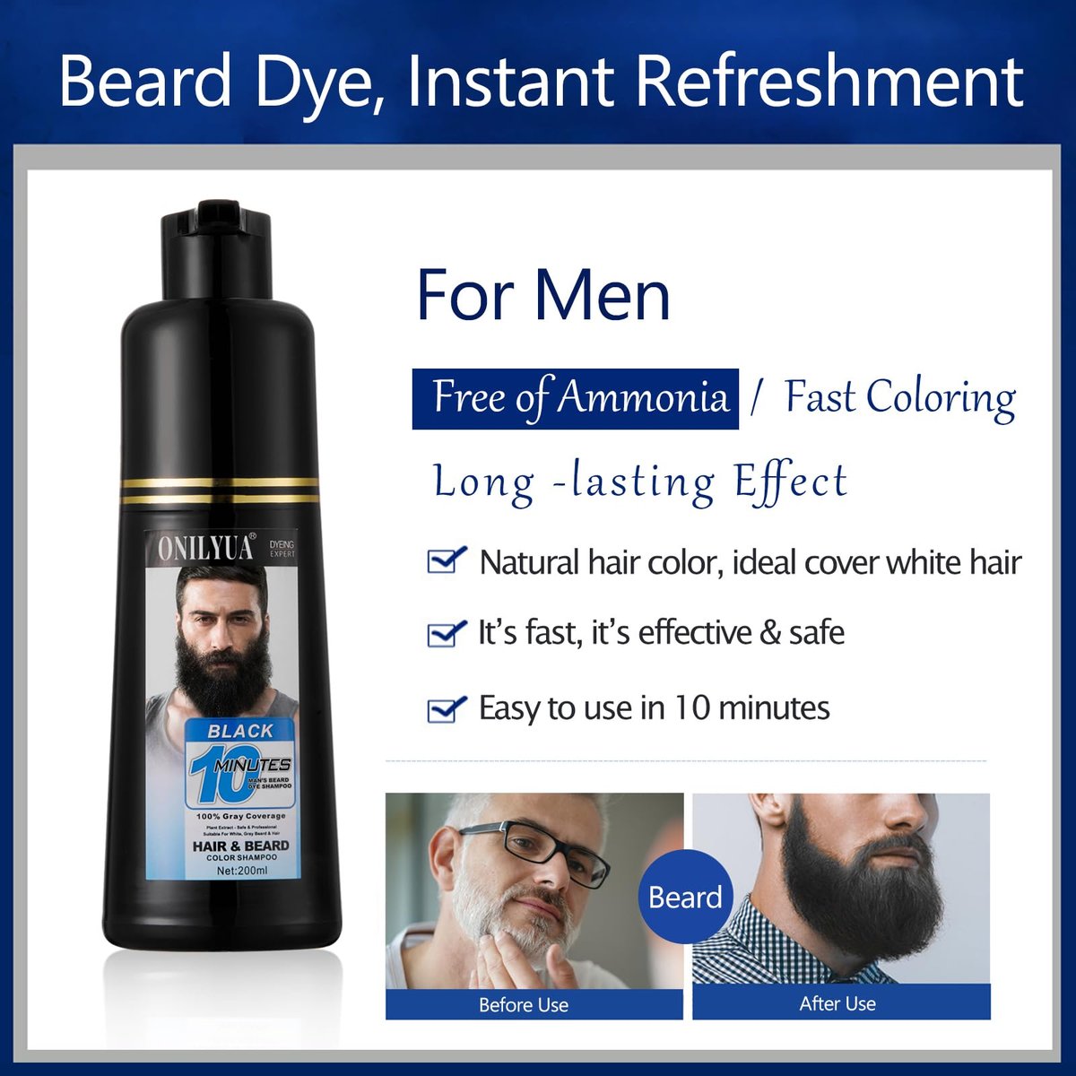 Onilyua Men's 3-in-1 Black Beard Dye Shampoo - Long Lasting Gray Reducing Formula for Beard & Mustache, 200 ml (6.76 oz) Avelisse