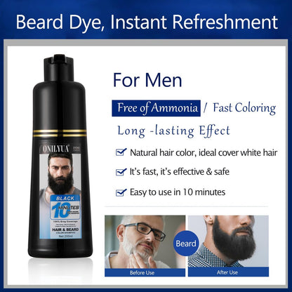 Onilyua Men's 3-in-1 Black Beard Dye Shampoo - Long Lasting Gray Reducing Formula for Beard & Mustache, 200 ml (6.76 oz) Avelisse