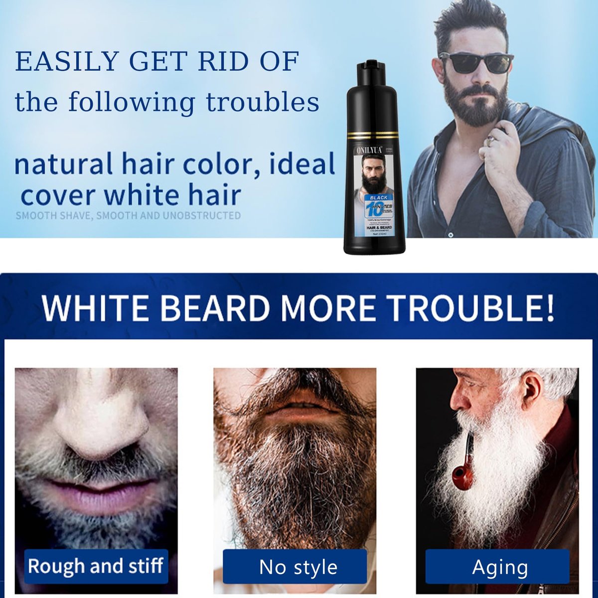 Onilyua Men's 3-in-1 Black Beard Dye Shampoo - Long Lasting Gray Reducing Formula for Beard & Mustache, 200 ml (6.76 oz) Avelisse