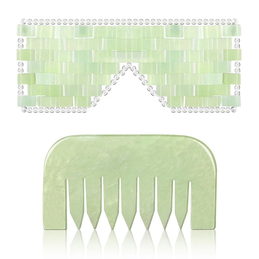 Halfchet Jade Eye Mask and Jade Comb Set - Weighted Eye Mask for Wrinkles, Puffiness, Headache & Migraine Relief with Handheld Natural Jade Massage Comb for Head Care
