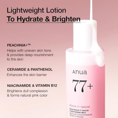 ANUA Peach Niacin Conditioning Lotion - Lightweight Face Moisturizer with Vitamin B12, Ceramide, Panthenol & Hyaluronic Acid for Glass Skin (150ml) Avelisse