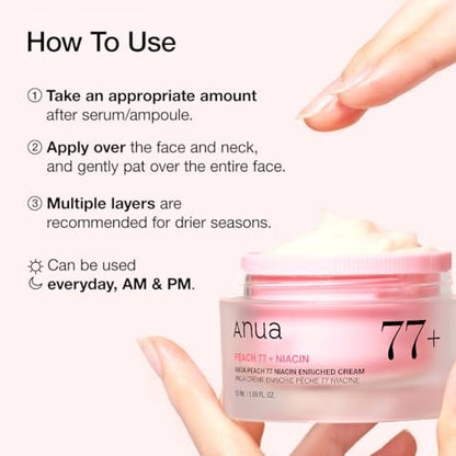 ANUA Peach Niacinamide Cream - Hydrating Face Moisturizer with Collagen, Vitamin B12, Ceramide & Panthenol for Glass Skin, 1.69 fl.oz.