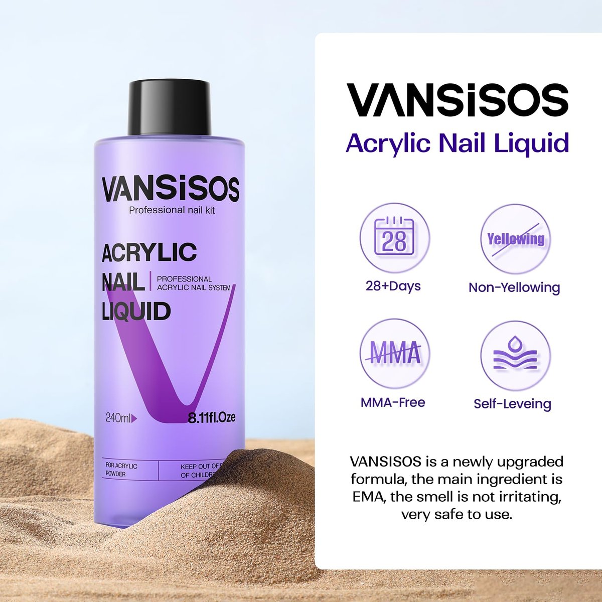 VANSISOS Professional Acrylic Nail Liquid - 8 fl oz MMA-Free Monomer for Acrylic Powders, Non-Yellowing Formula for DIY Home Nail Salon Use - görsel 3