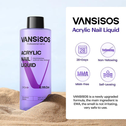 VANSISOS Professional Acrylic Nail Liquid - 8 fl oz MMA-Free Monomer for Acrylic Powders, Non-Yellowing Formula for DIY Home Nail Salon Use