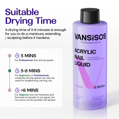 VANSISOS Professional Acrylic Nail Liquid - 8 fl oz MMA-Free Monomer for Acrylic Powders, Non-Yellowing Formula for DIY Home Nail Salon Use