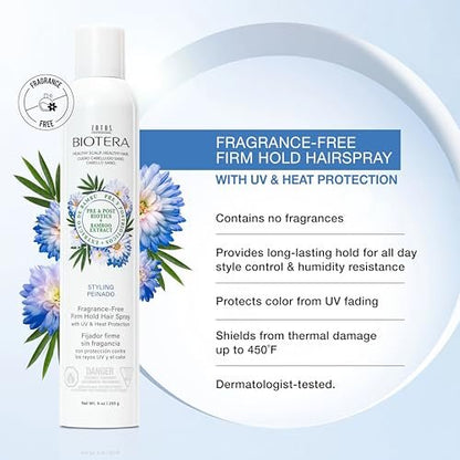 Biotera Styling Fragrance-Free Firm Hold Hair Spray | UV & Heat Protection | 50 VOC | Vegan & Cruelty-Free | Paraben & Sulfate Free | Color-Safe | 9 Fl Oz