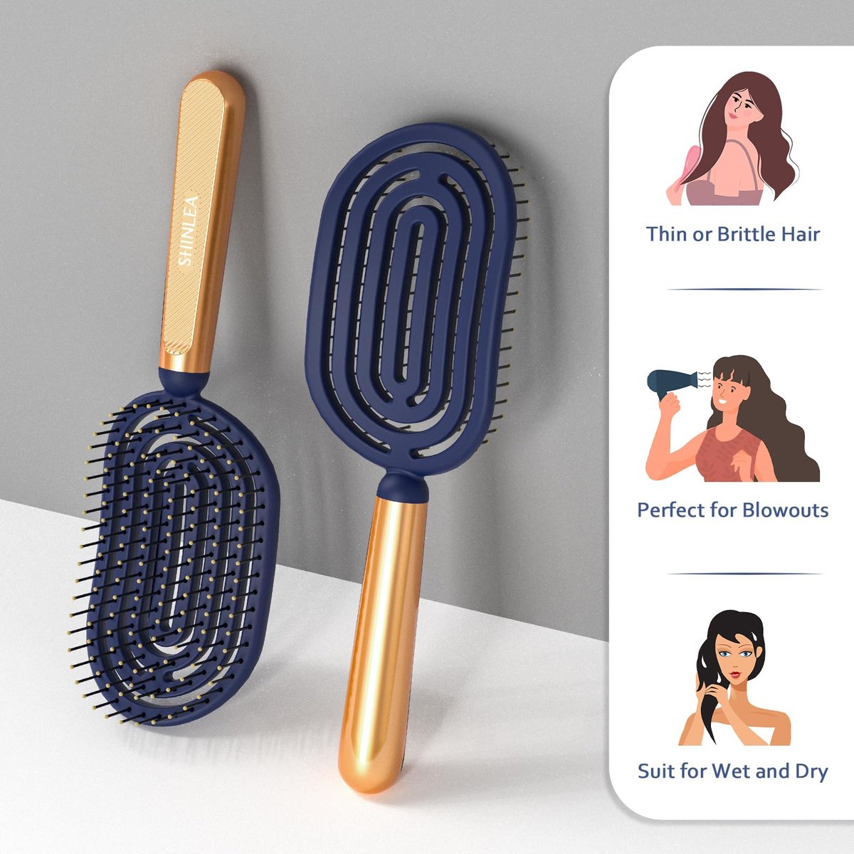 SHINLEA Speed Dry Detangler Brush – Spiral Vented Detangling Hairbrush for Wet Hair, Metal-Infused Gold Handle, Curved Cushion with Soft Bristles for All Hair Types Avelisse