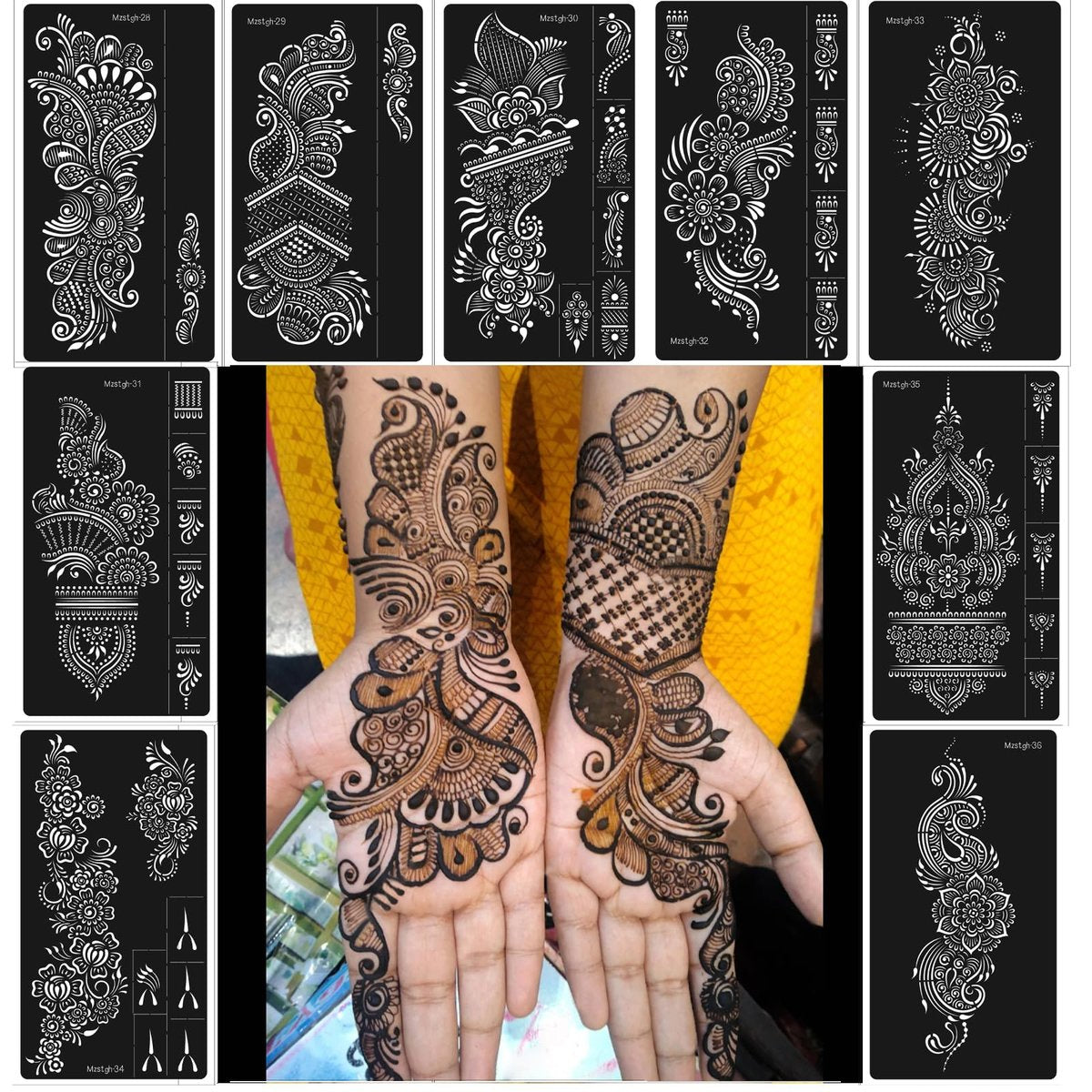 9 Sheet Henna Tattoo Stencils Kit - Reusable Self-Adhesive Henna Templates for Hand & Forearm, Indian & Arabian Designs - görsel 1