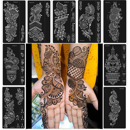 9 Sheet Henna Tattoo Stencils Kit - Reusable Self-Adhesive Henna Templates for Hand & Forearm, Indian & Arabian Designs